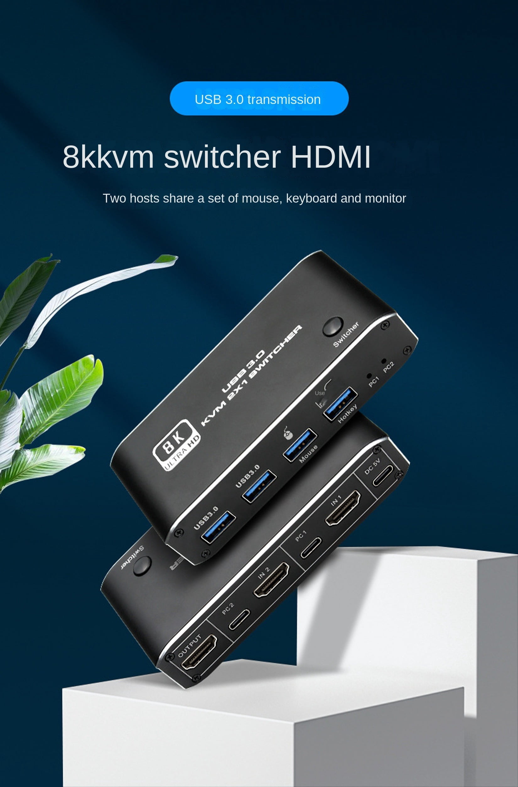 8K HDMI KVM Switch 8K USB KVM HDMI Switch 2x1 HDMI2.1 Ports + 4X USB3.0 KVM Ports,Share 2 Computers one Monitor Switch,Supports 8K 60Hz,4K 120Hz,YUV 4:4:4,HDCP 2.3,HDR 10,Hotkey,Darkish