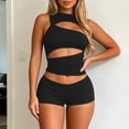 thumbnail image 2 of Womens Ribbed Cutout Tank Top and Shorts Set, Solid Color Slim Fit 2-Piece Outfit, Hollow Out Streetwear Matching Set for Casual Summer Party, 2 of 5