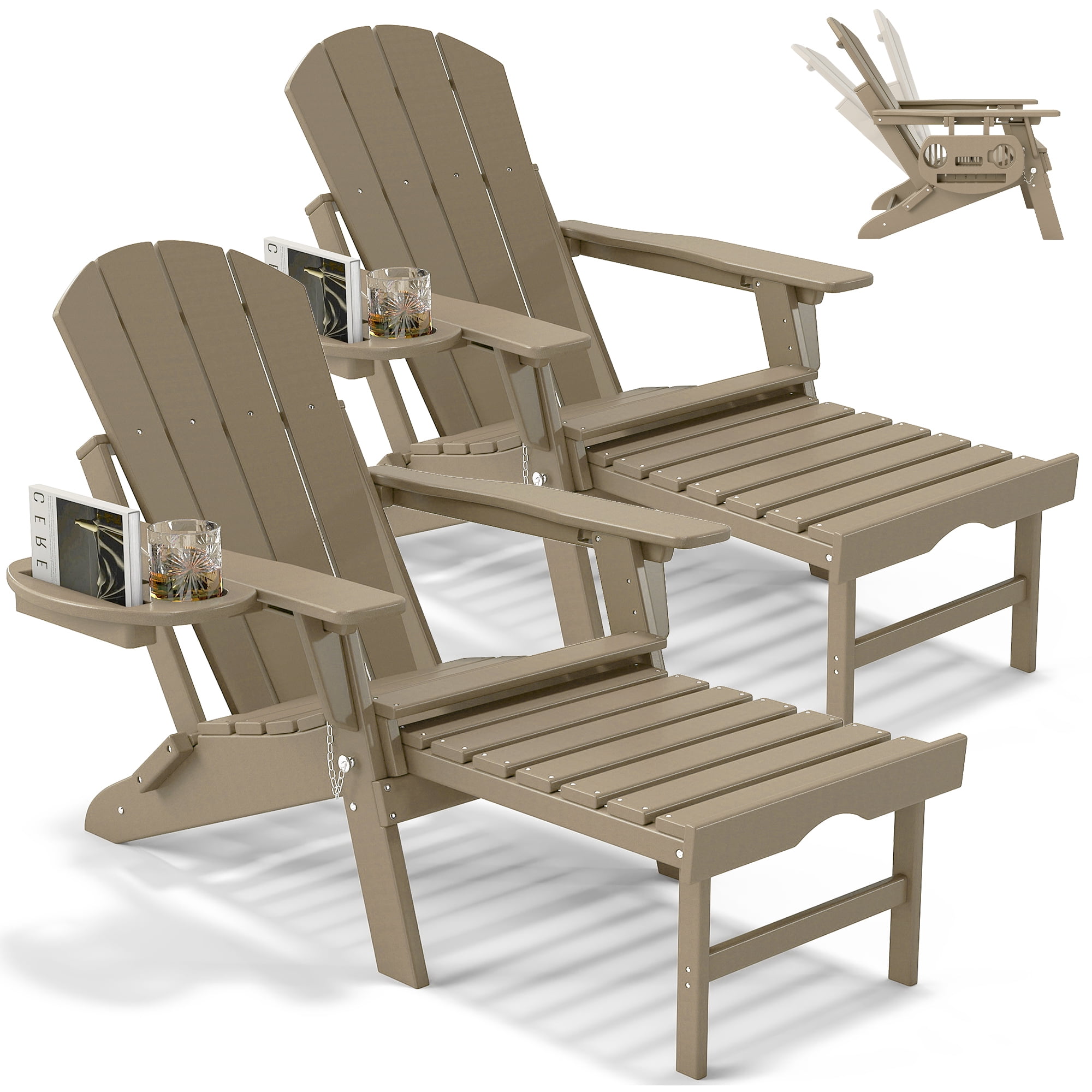 2PCS Folding Adirondack Chair with Ottoman, Adjustable Backrest Plastic HDPE Adirondack Chairs w/4 in 1 Cup Holder Tray, Brown