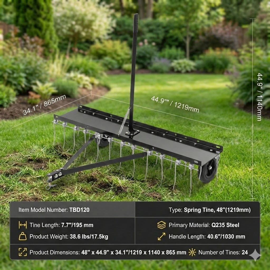 Tow Behind Dethatcher, 48-inch Tow Dethatcher with 24 Spring Steel Tines, Lawn Dethatcher Rake for ATV or Mower, Tow Behind Lawn Rake with Lift Handle for Garden Farm Grass