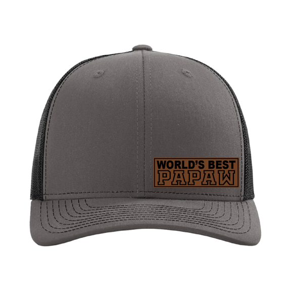 World's Best Papaw Hat, Leather Patch Trucker Cap, Custom Personalized Grandpa Gift, Best Grandpa Ever Hat, Custom Cap for Him (Charcoal Black)