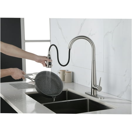 JERFIT Commercial Kitchen Faucet with Pull Down Sprayer High Arc Single Handle Brushed Nickel Stainless Steel Sink Faucet with Deck Plate