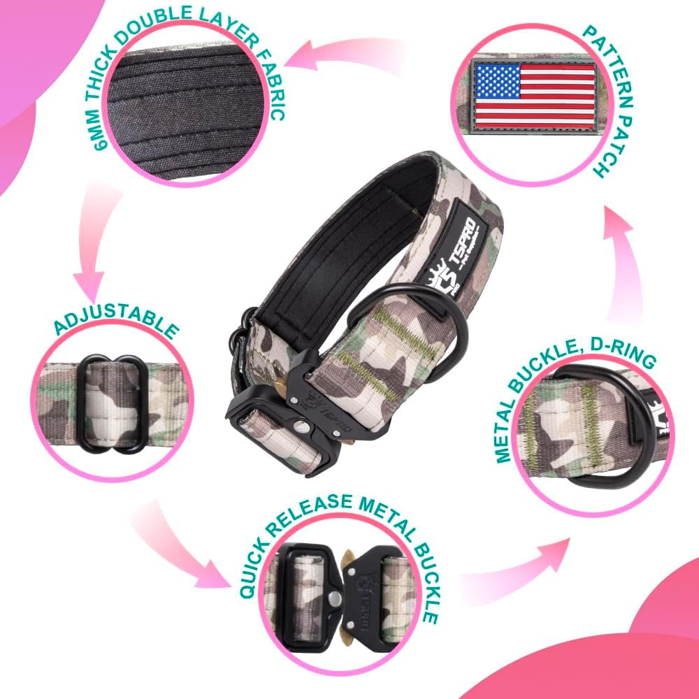 TSPRO Premium Camo Dog Collar with USA Flag Patch Thick Dog Collar Adjustable Dog Collar Heavy Duty Quick-Release Metal Buckle Dog Collar for Small or Medium to Extra Large Dogs(Camo Cyan-M)