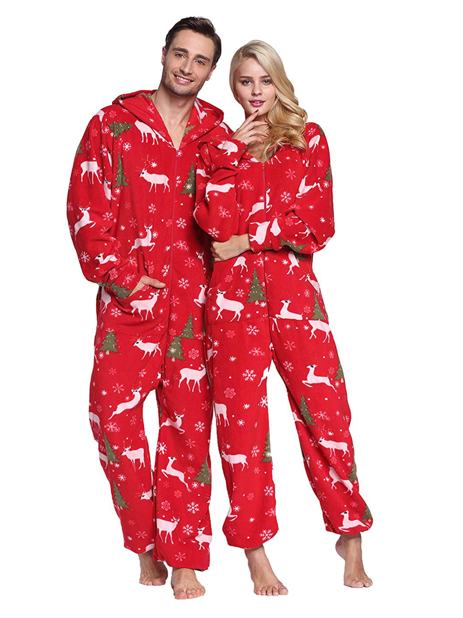 Adult Unisex Reindeer Hooded Adult Onesie Pajamas Plus Size Fleece Warm ...