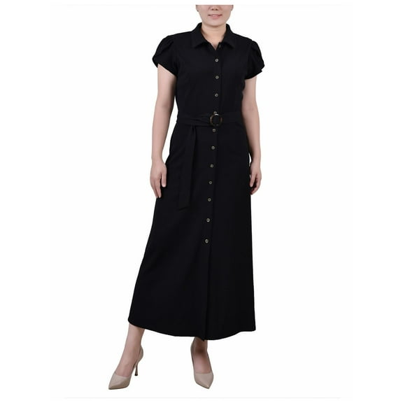 NY Collection Womens Petites Belted Polyester Shirtdress