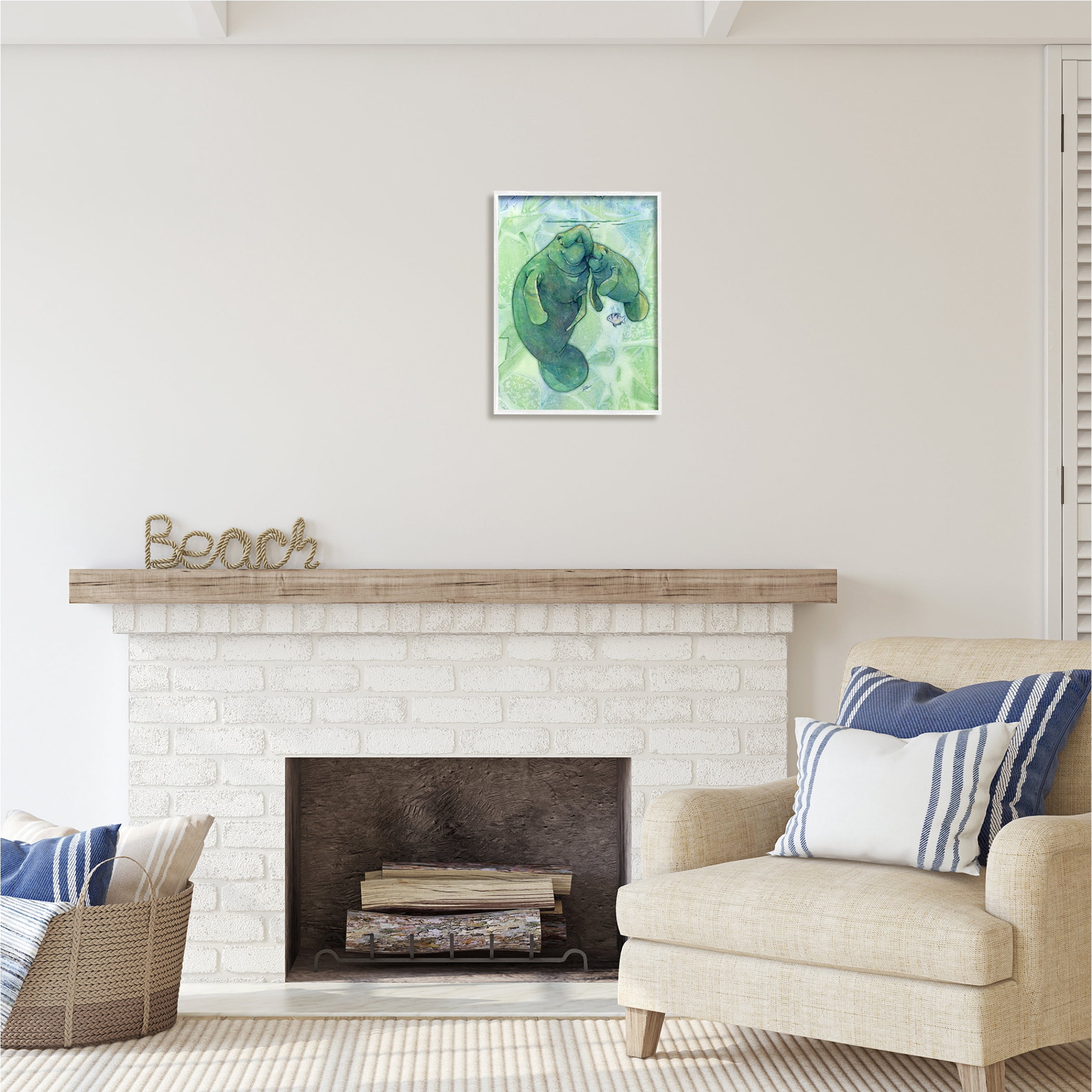 Stupell Industries Green Manatees & Fish Animals & Insects Painting White Framed Art Print Wall Art, 16 x 20