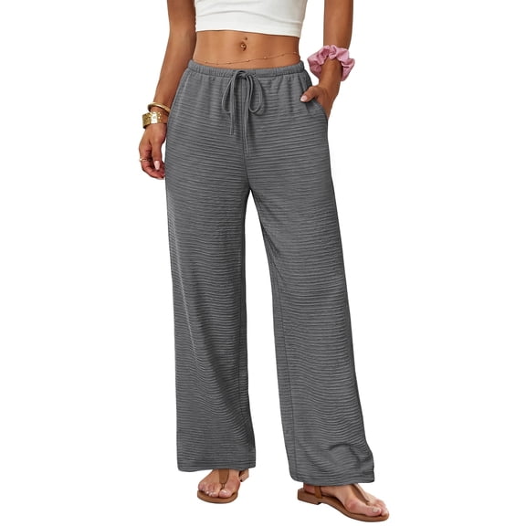 Nestiefly Women's Wide Leg Beach Pants Elastic Waist Lightweight Casual Flowy Palazzo Summer Lounge Trousers with Pockets Gray XL