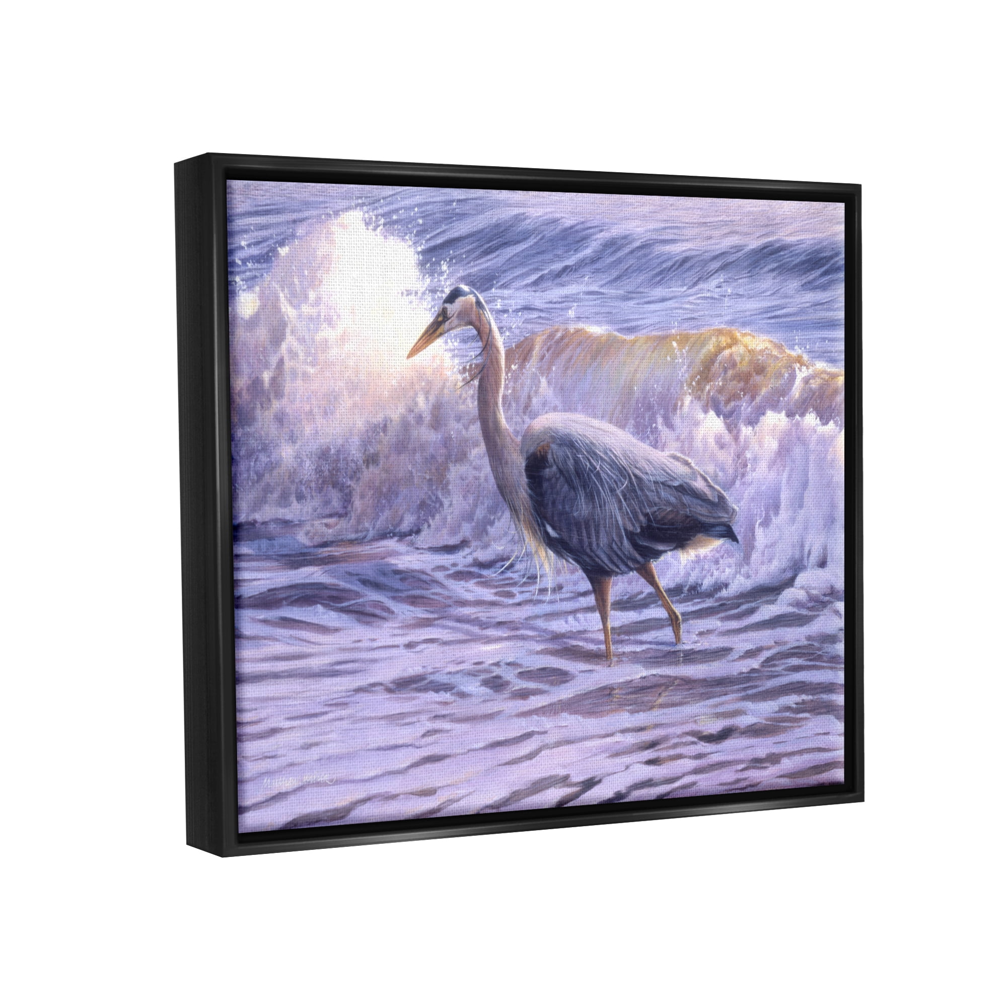 Stupell Industries Crane Bird Splashing Ocean Waves Coastal Photography Black Floater Framed Art Print Wall Art