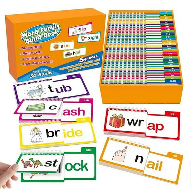 30 Read Rhyme Flip Book Word Family Flash Cards for Kids - Interactive Phonics Learning Spiral ABC Vocabulary Educational Game