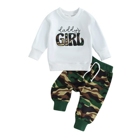 

Bslissey Toddler Baby Girls 2Pcs Casual Outfits Long Sleeve Letter Embroidery Pullover Tops + Camouflage Pants 6M 12M 18M 24M 3T Infant Spring Fall Daily Long Pants Set