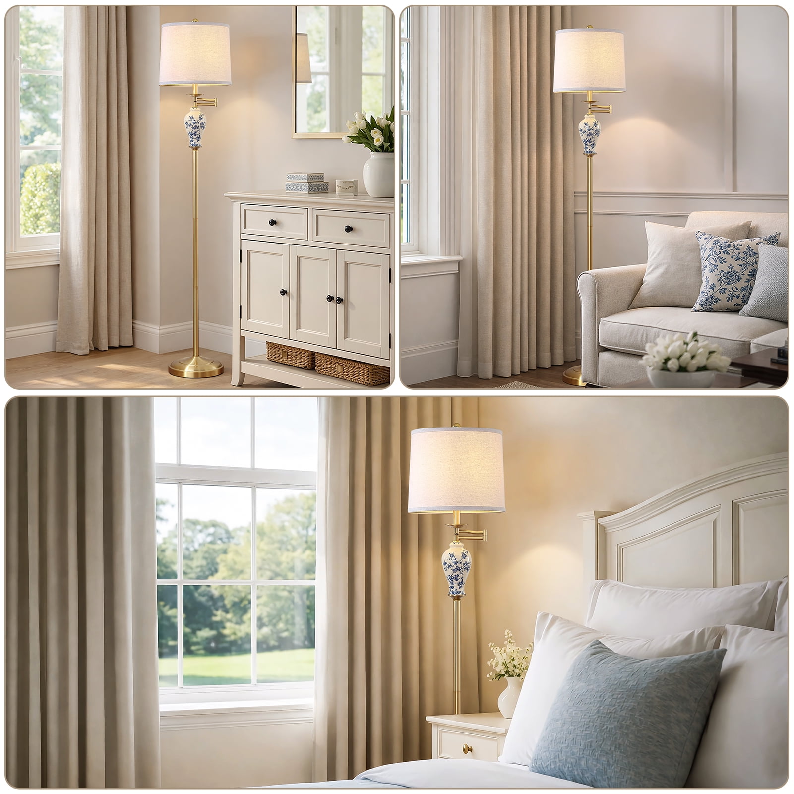 JUJUYUYOP 63" Floor lamp for the living room, with a 355° adjustable swivel arm and a linen shade; suitable for bedrooms, offices, and home offices (bulb included)