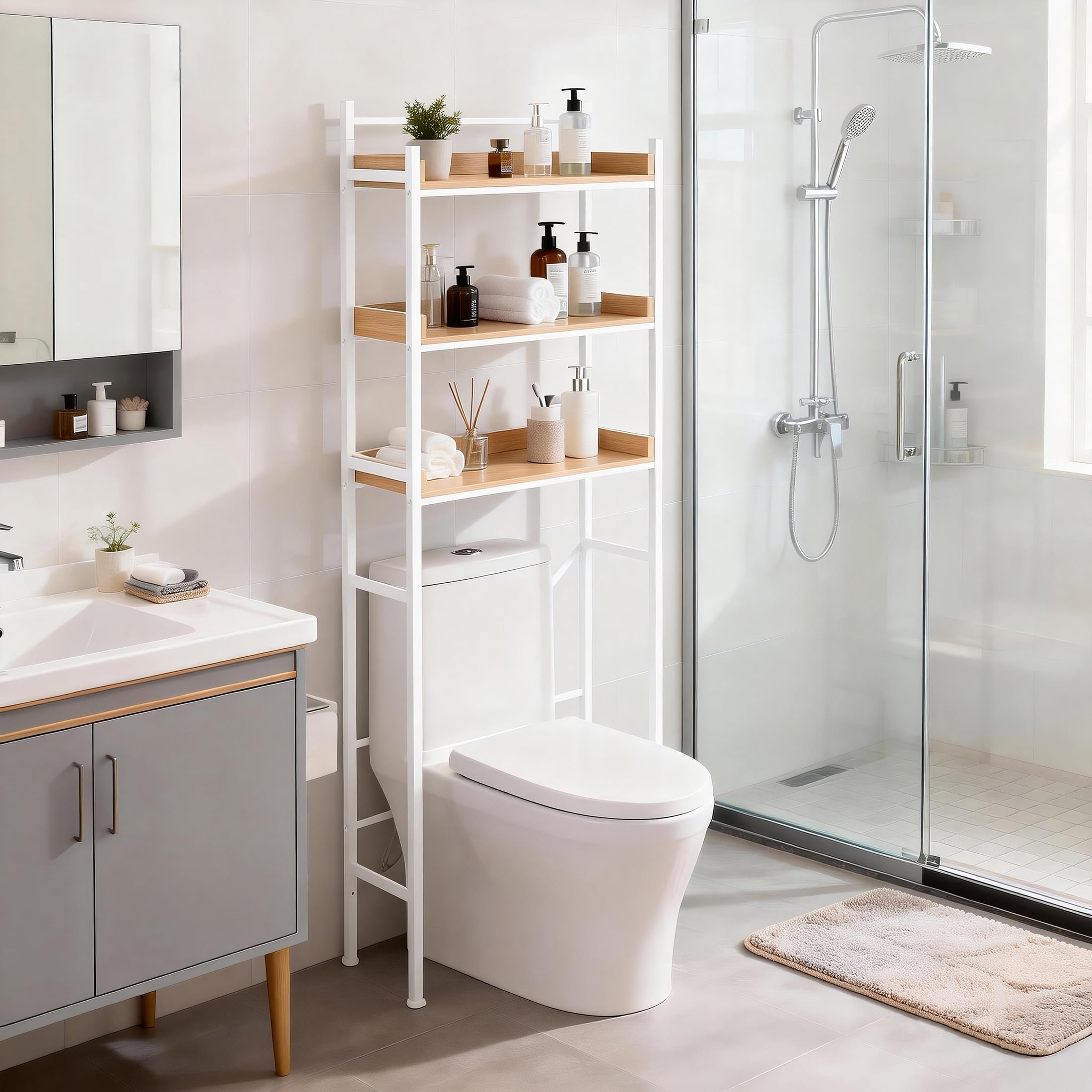HomeZone Bathroom Quick-Assembly 3-Shelf Steel Storage Shelves with MDF Wood Grain Veneer, White