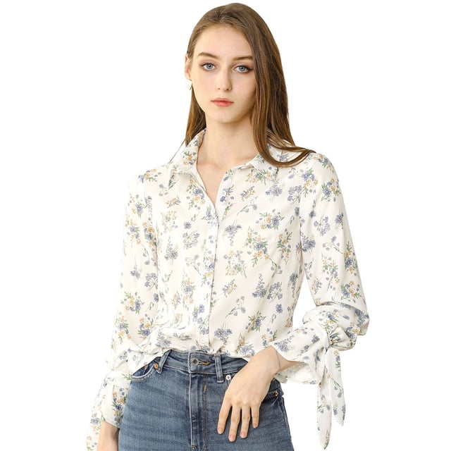 Blusa Floral Allegra K de Oficina Cuello Puntiagudo con Botones para Mujeres Blanco S