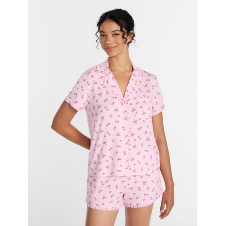 Joyspun Women’s Modal-Blend Ruffle Trim Notch Collar Top and Shorts Pajama Set, 2 Piece, Sizes XS-3X