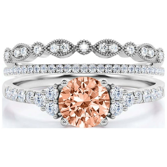 Beautiful Mid-century 2.25 Carat Round Cut Morganite And Diamond Moissanite Engagement Ring, Wedding Ring in 925 Sterling Silver With 18k White Gold Plating, 7 Stone Ring, Trio Set, Matching Band