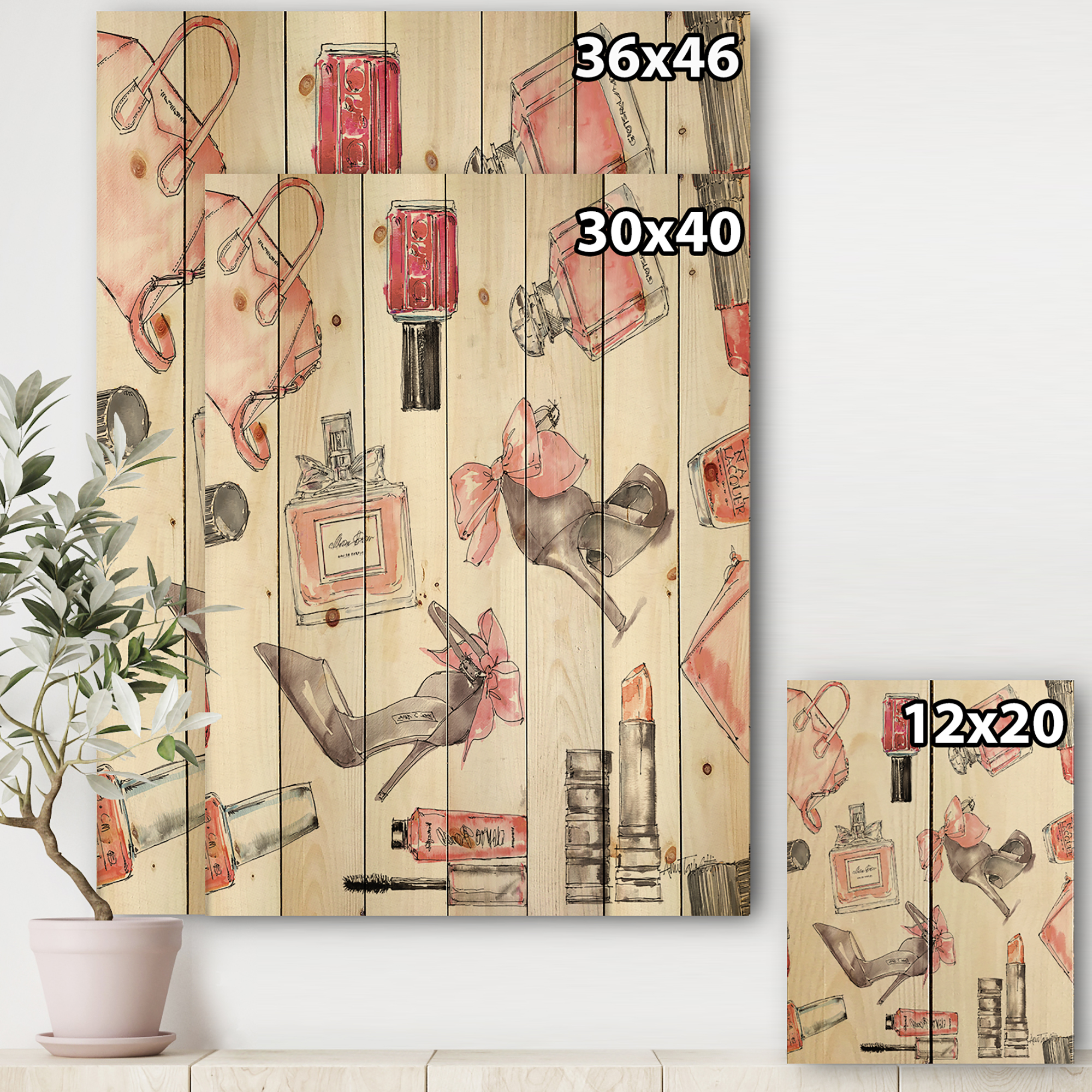 Designart 'Glam Chic Accents Pattern I' Fashion Print on Natural Pine Wood