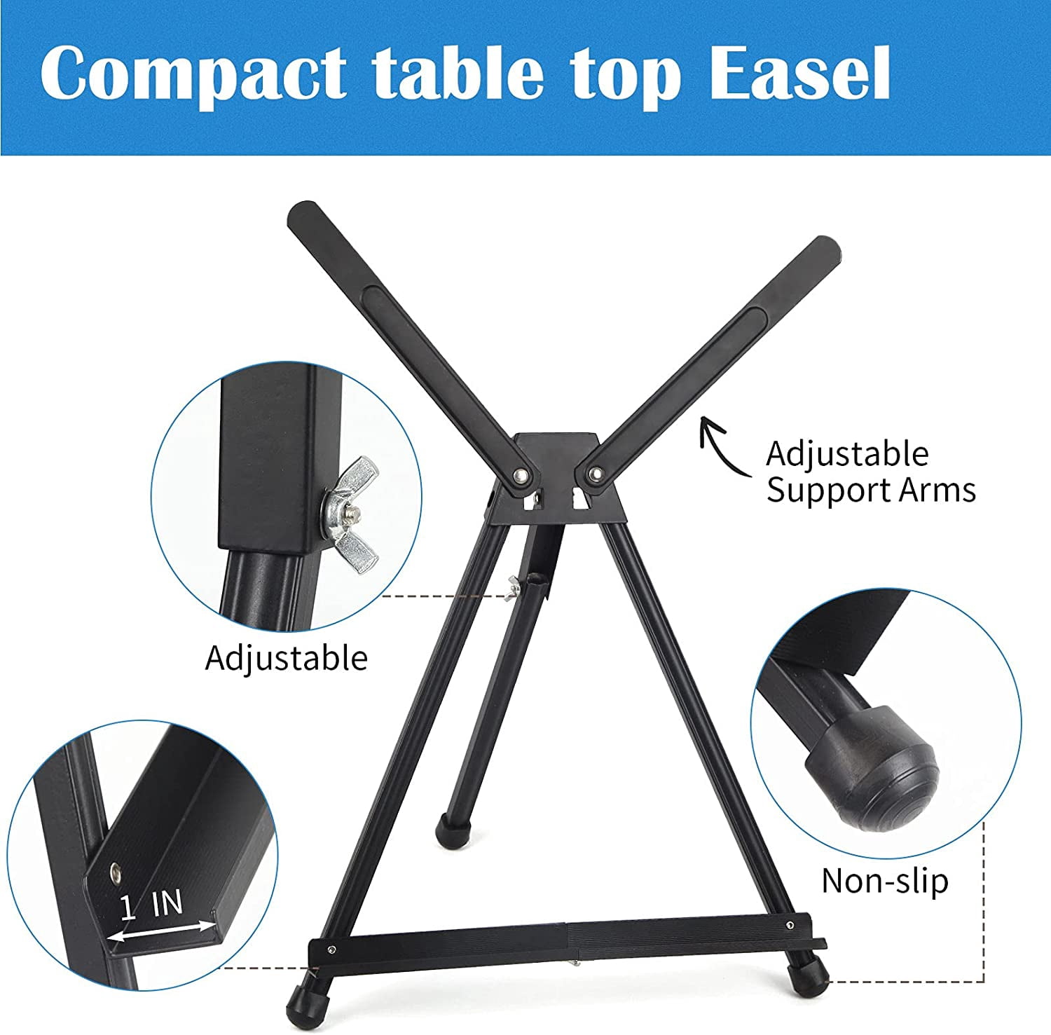 Aluminum 15" to 21" Tabletop Easel Display, Black Tripod with Rubber Feet, Holds Canvas, Paintings, Books, Photos, Signs