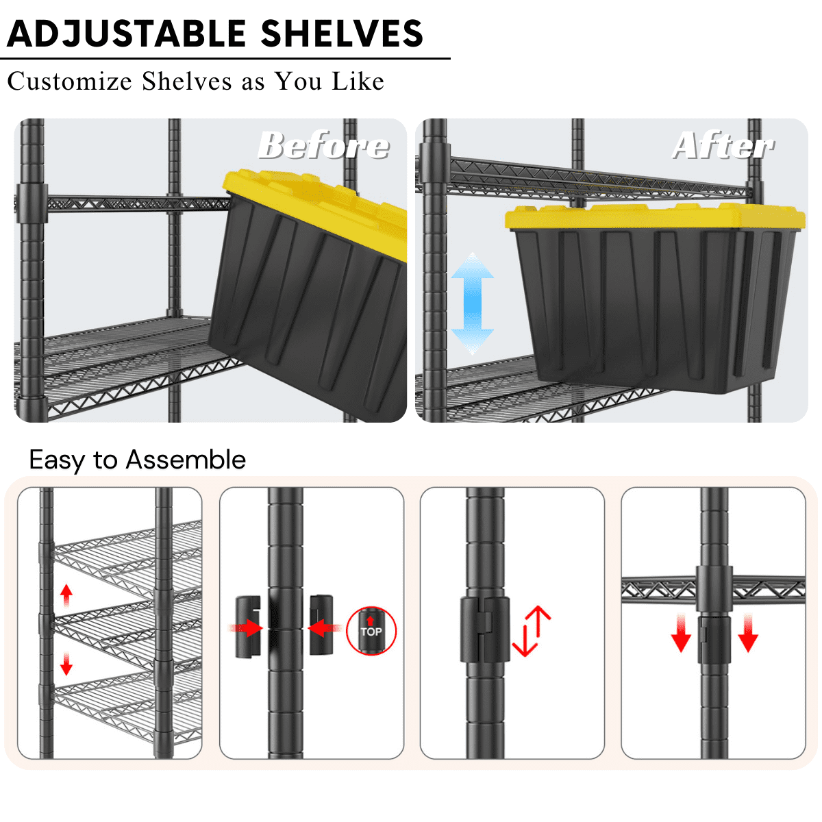 Legooin 60" x 24" x 72" Heavy Duty Garage Storage Shelf Rolling Wire Rack Height Adjustable Steel Shelves for Industrial Residential Use, Black