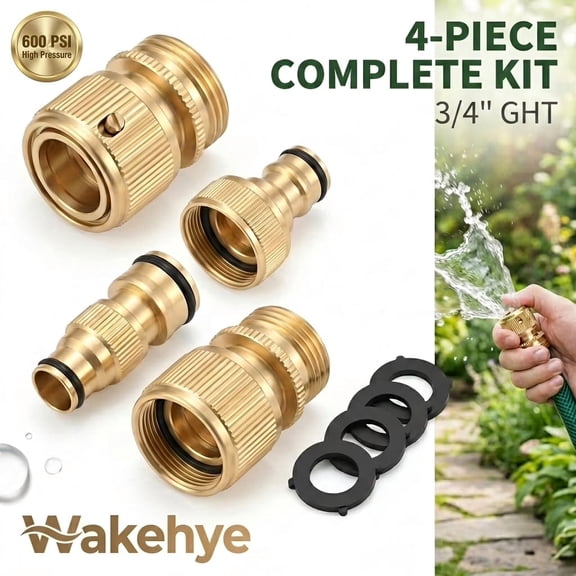 Wakehye Garden Hose Quick Connect Solid Brass Quick Connector Garden Hose Fitting Water Hose Connectors 3/4 inch GHT (2SETS) with 4 Sealing Washer Leak Proof