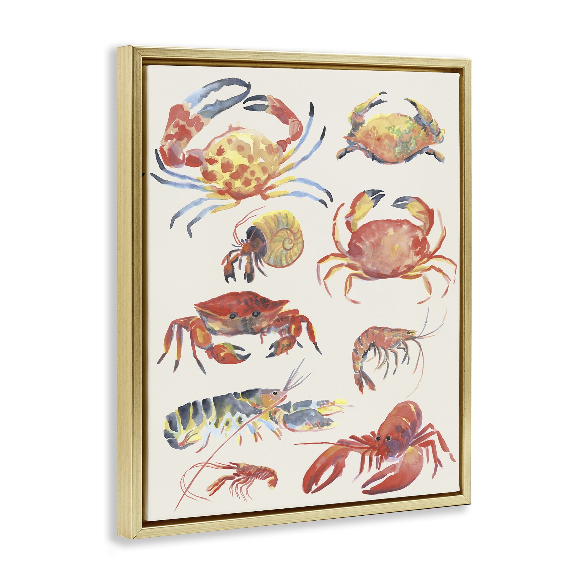 Stupell Industries Nautical Crustacean Collection Gold Framed Floater Canvas Wall Art, design by June Erica Vess