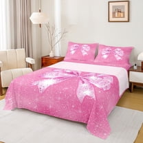 Manfei Sequin Print Bed Sheets Twin, Princess Bowknot Twin Sheet Sets, Hot Pink Bedding Sets Twin Size, Lightweight Bedroom Decoration, 3 Pieces