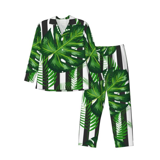 Balery Palm Greenery Pijama para Hombre de Dos Piezas con Manga Larga, Conjunto de Dormir y Descanso Suave con Bolsillos-Small