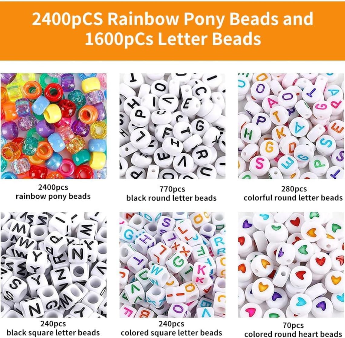 4000pcs Pony Beads Kit, 2400pcs Rainbow Kandi Beads and 1600pcs Letter Beads, 24 Colors Plastic Craft Beads Bulk for Bracelets Jewelry Making with 20m Crystal String and 30m Elastic String