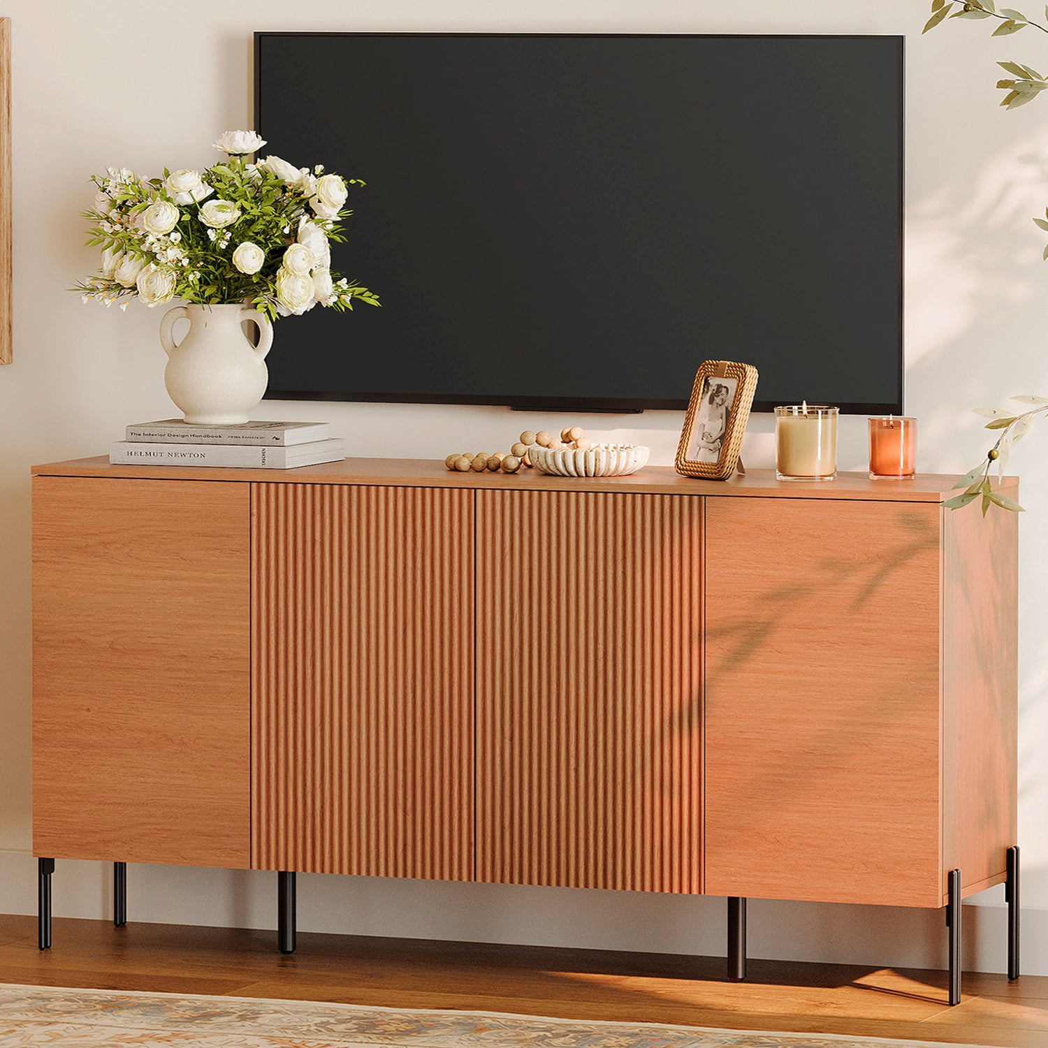 61" Modern TV Stand With Storage, Reeded Entertainment Center, Wooden TV Console With 4 Doors For Living Room