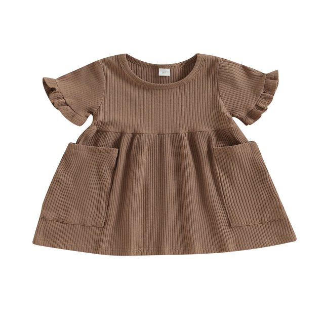 Robe Princesse à Manches Courtes Col Rond Poches Solides