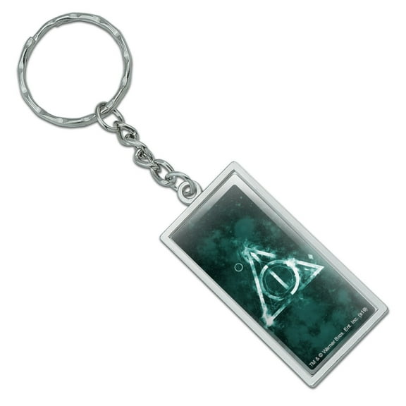 Rectangle Harry Potter Deathly Hallows Logo Keychain in Chrome Plated Metal