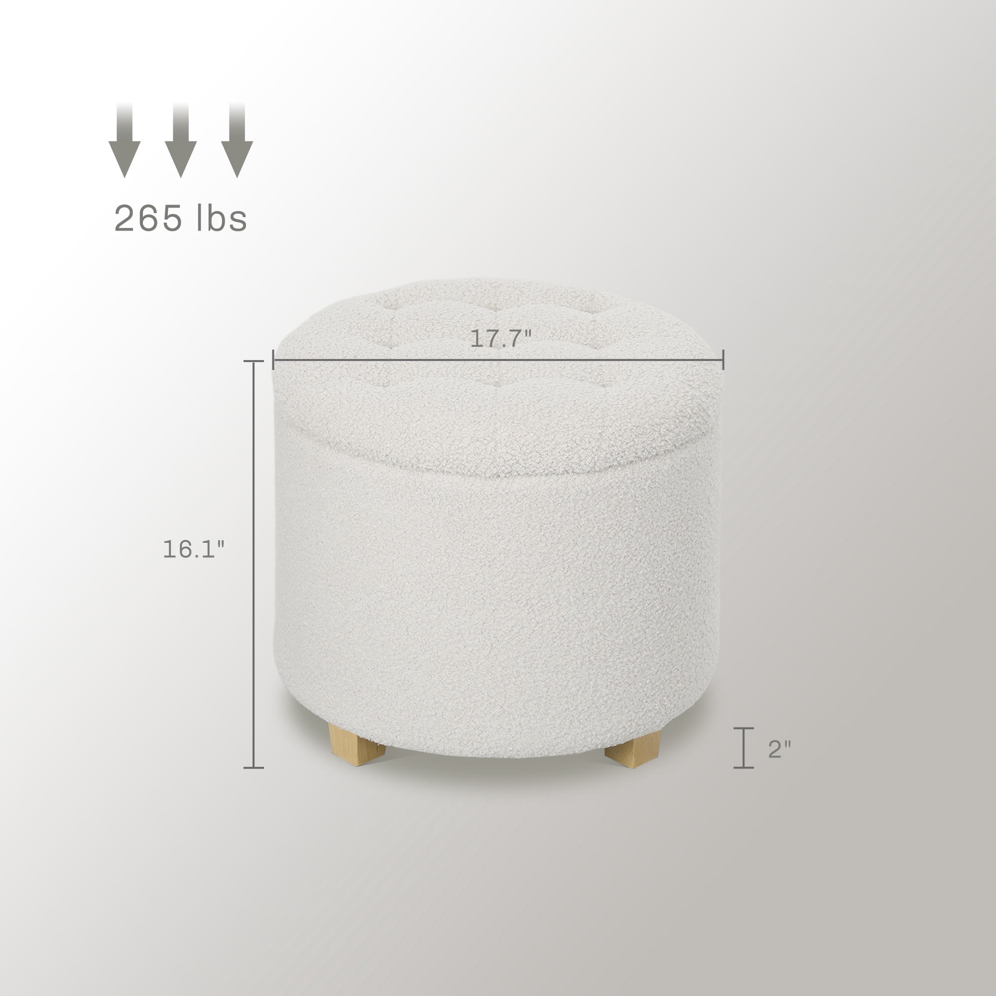 HOMCOM 18" Round Ottoman with Storage, Teddy Fleece Button Tufted Bedroom Stool with Removable Lid and Wood Legs for Living Room, Hallway, White