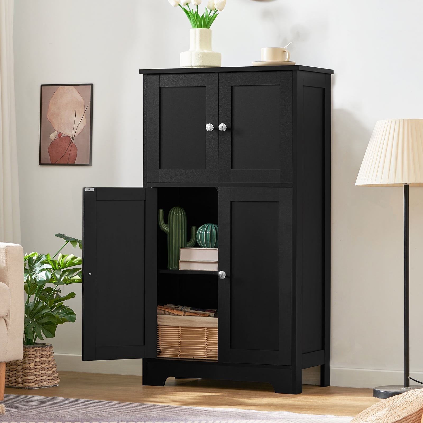 TEENFON Black Storage Cabinet with 2 Adjustable Shelves & 4 Doors, Freestanding Bathroom Storage Cabinet, Cupboard, Floor Cabinets for Living Room, Entryway, Home Office