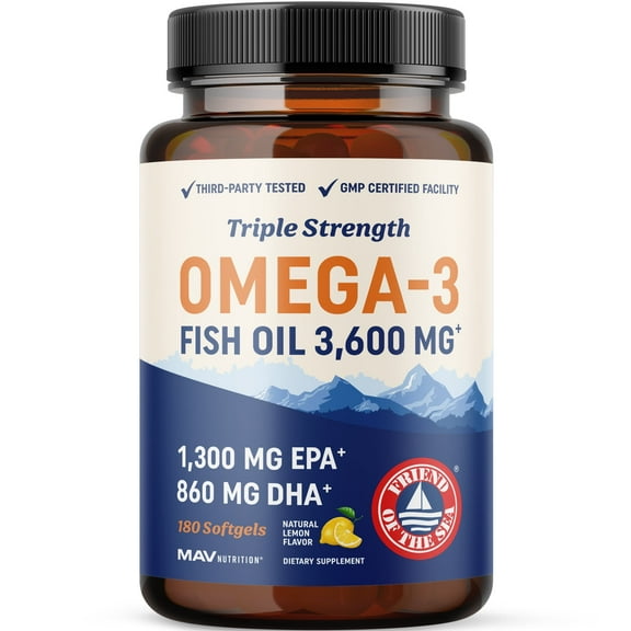 MAV Nutrition Omega 3 Fish Oil 3600 mg, EPA & DHA, Non-GMO, 180 Ct