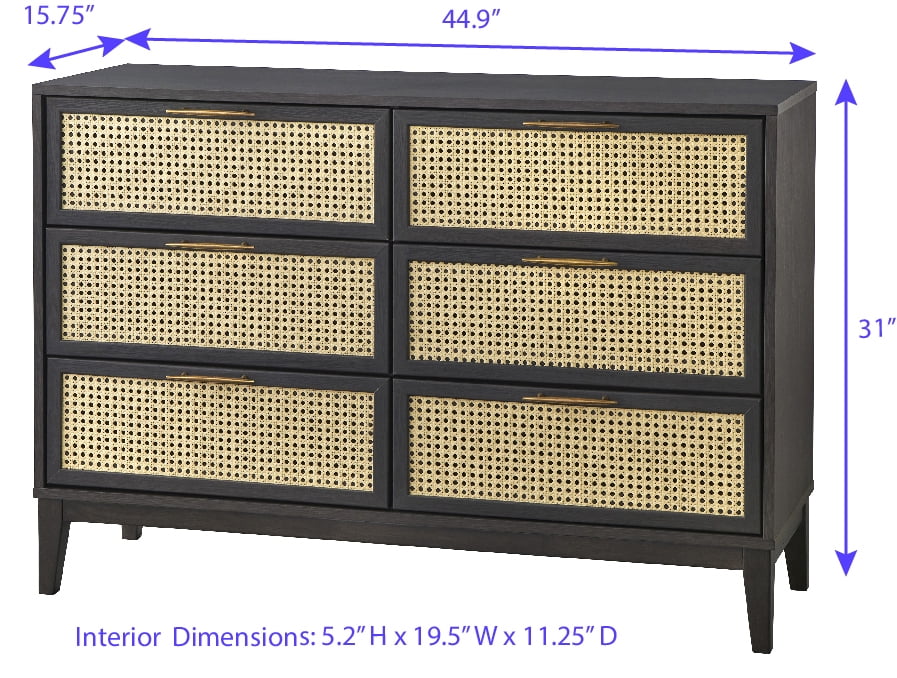TMS Watson 6-Drawer Dresser with Natural Cane Drawer Fronts, Black