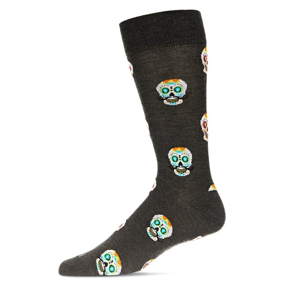 MeMoi Men's Mustachioed Sugar Skull Bamboo Blend Crew Socks - Mens - Male, 10-13, Charcoal Heather