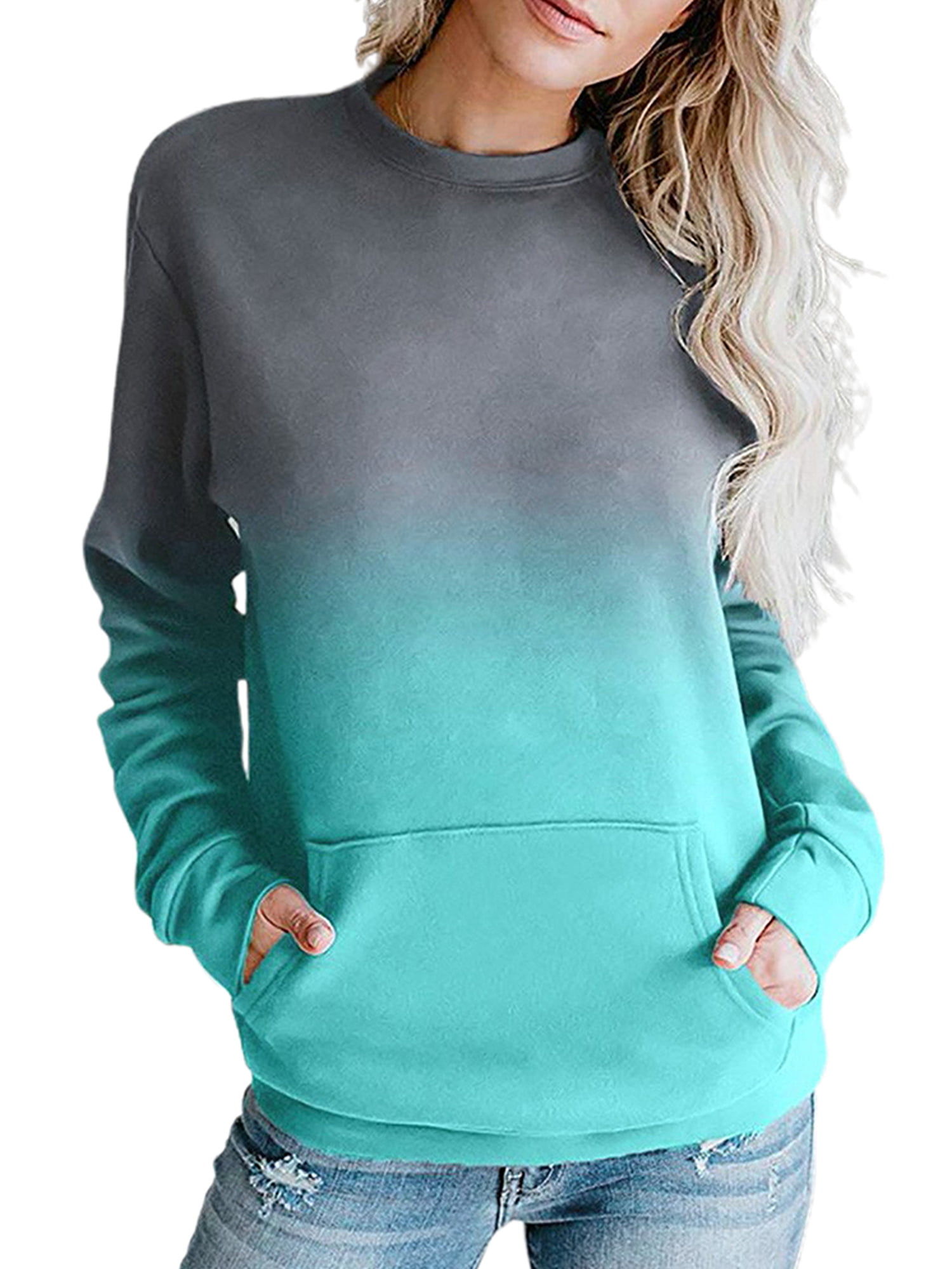 Womens Ombre Gradient Long Sleeve Blouse Pullover Sweatshirts Jumper Tops Tunic