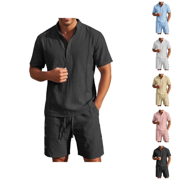 Short Sets for Men Summer Cotton Linen Relaxed Fit Short Sleeve Stand Collar T Shirt and Shorts 2 Piece Matching Set