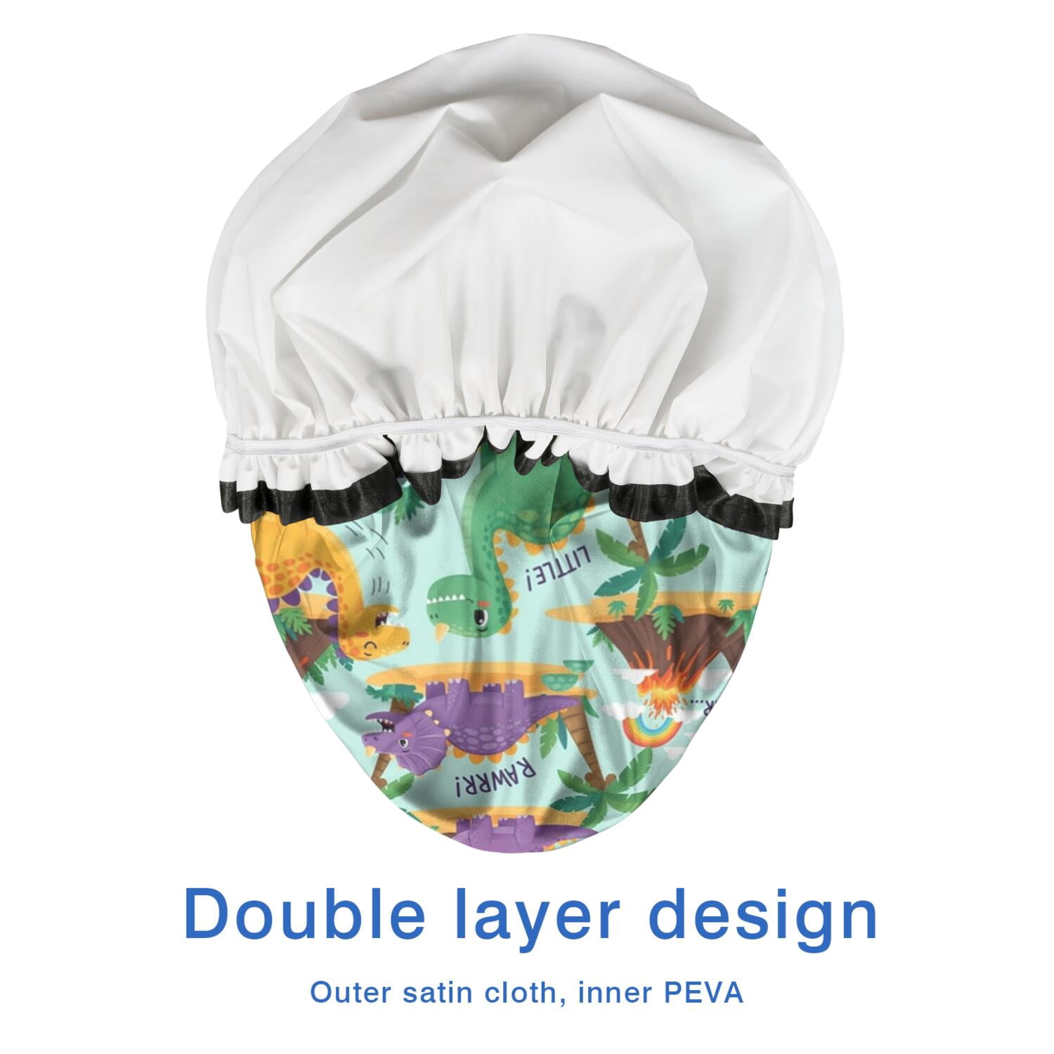 Shower Caps,LightBlue Cartoon Dinosaurs Volcanoes Pattern Waterproof Shower Cap for Women 4 Pieces,Double Reusable Hair Cover for Shower PEVA Elastic Stretch Hem