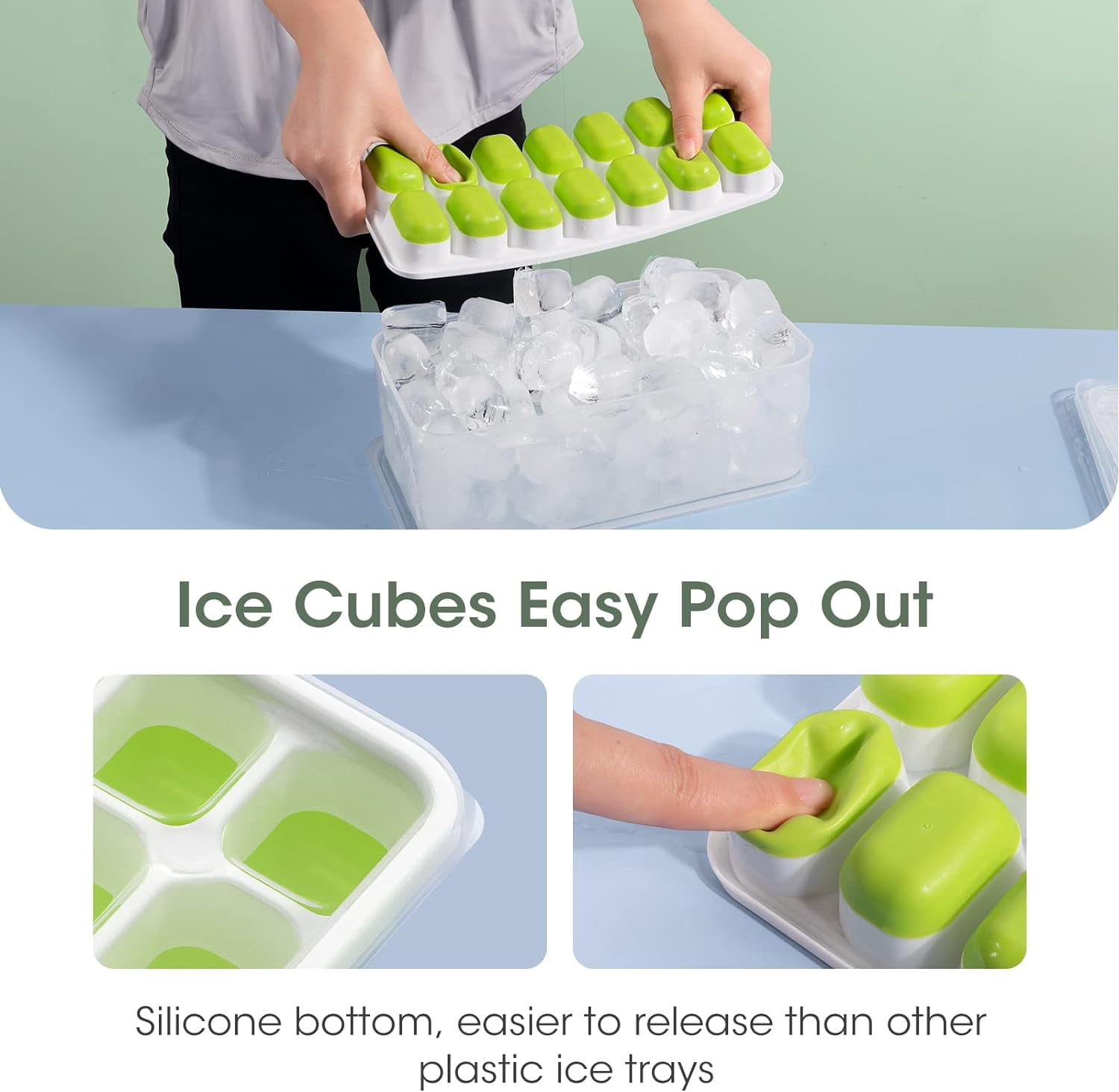Ice Cube Tray with Lid and Bin, 4 Pack Silicone Plastic Ice Cube Trays for Freezer with Ice Box, Ice Trays with Ice Container, Stackable Ice Tray with Storage Ice Bucket Kits,Ice Tong,Ice Scoop