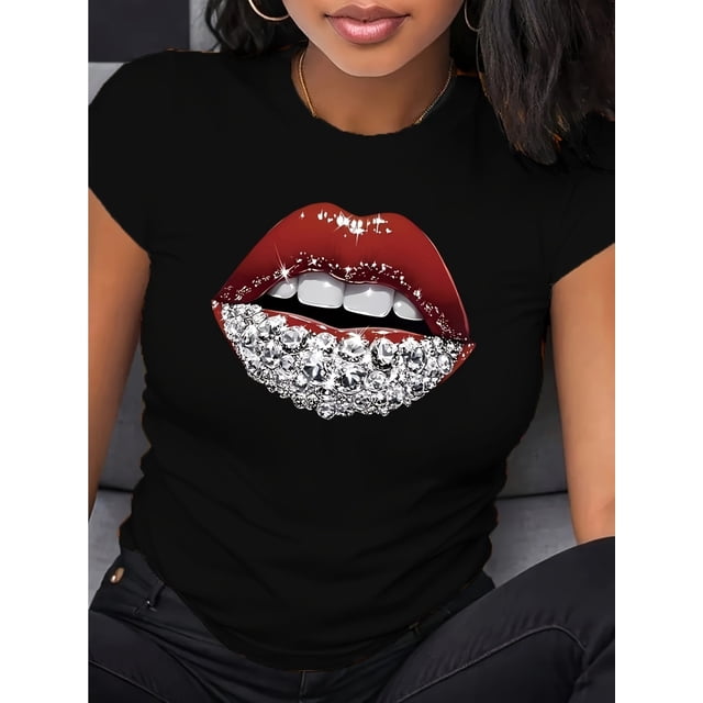 T-Shirt Graphique à Lèvres Diamant Scintillant Rouge pour Femmes, Col Rond Décontracté Manches Courtes, Design Strass Scintillant, Coton Doux, Lavable en Machine, Déclaration de Mode Toutes Saisons, T-Shirts pour Dames