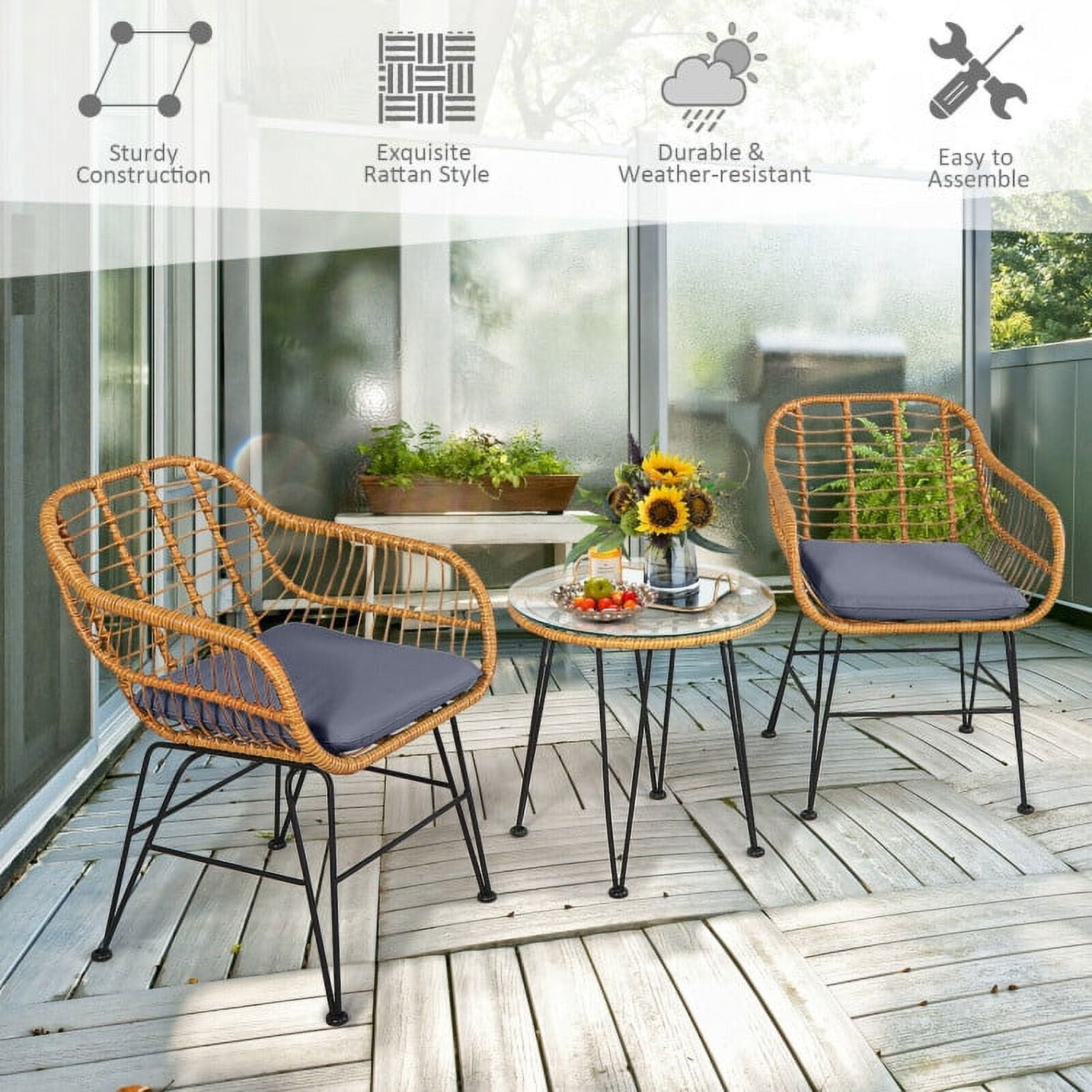 Aimee Lii 3 Pieces Rattan Furniture Set with Cushioned Chair Table, Outdoor Patio Furniture, Gray Aimee Lii 3 Pieces Rattan Furniture Set with Cushioned Chair Table, Outdoor Patio Furniture, Gray