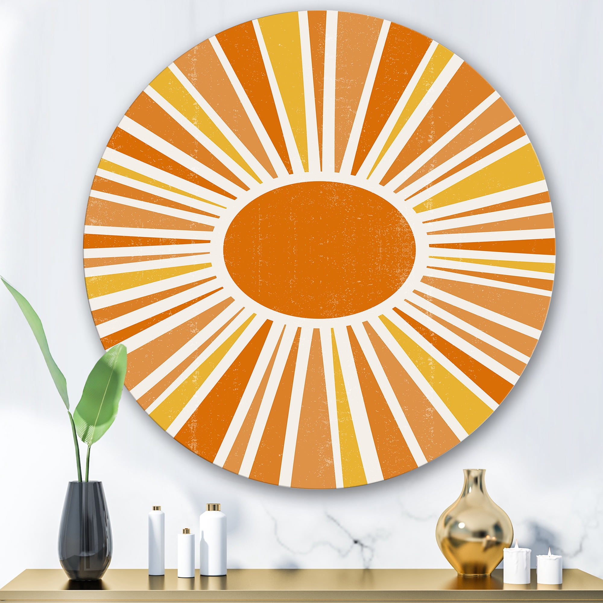 Designart 'Minimal Bright Shining Orange Sun Rays I' Modern Circle Metal Wall Art 29x29 - Disc of 29