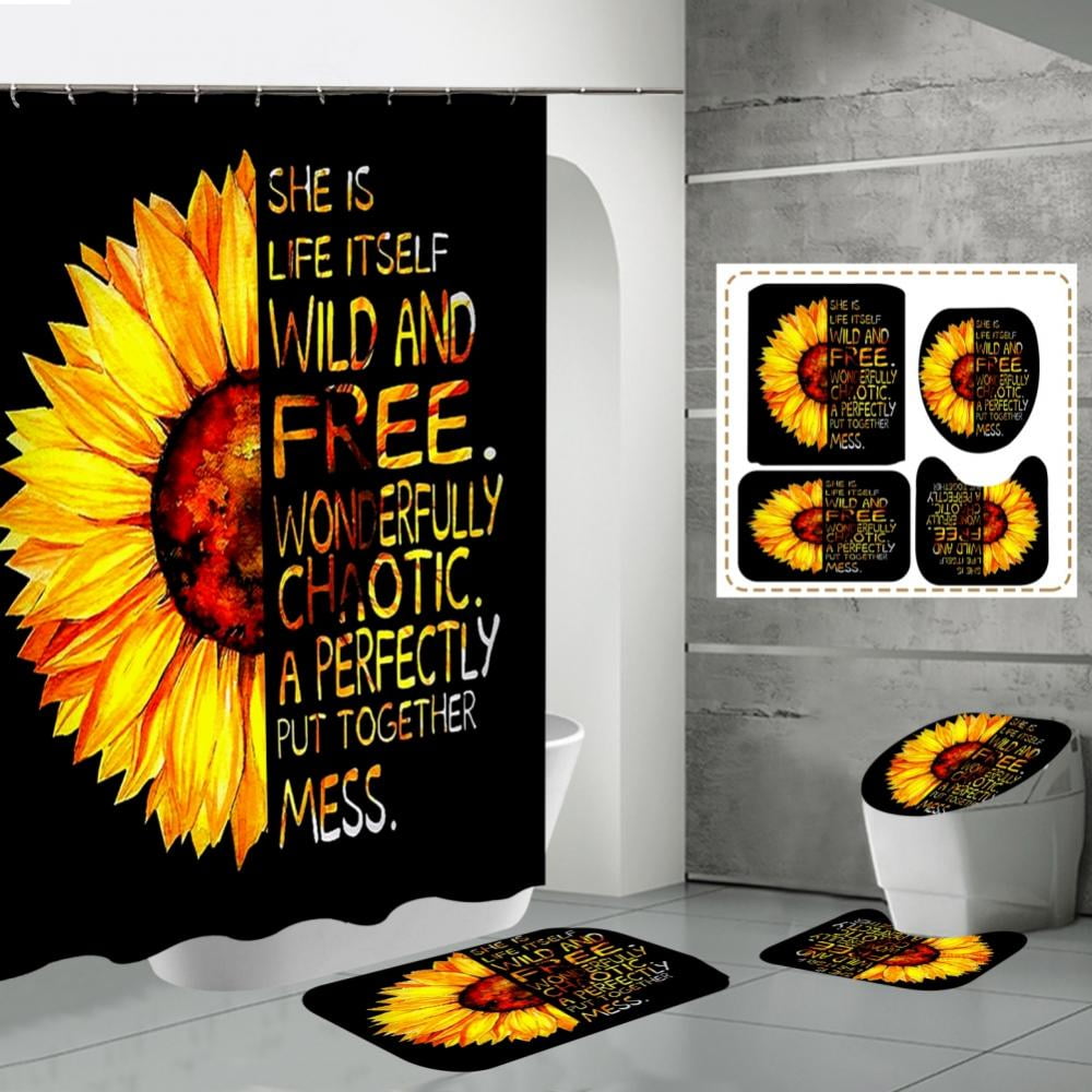 Details about   Sunflower Butterfly Bathroom Shower Curtain Bath Mat Lid Toilet Cover Rug 