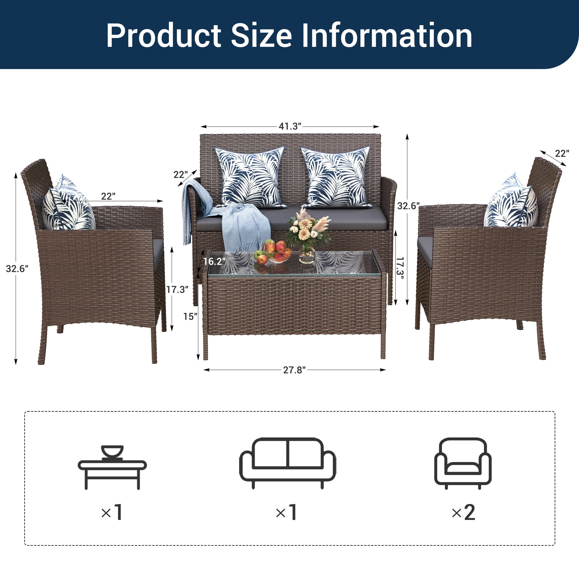 Elposun 4 Steel Hand-woven Outdoor Conversation Sets with Sofa and Table, Brown/Gray