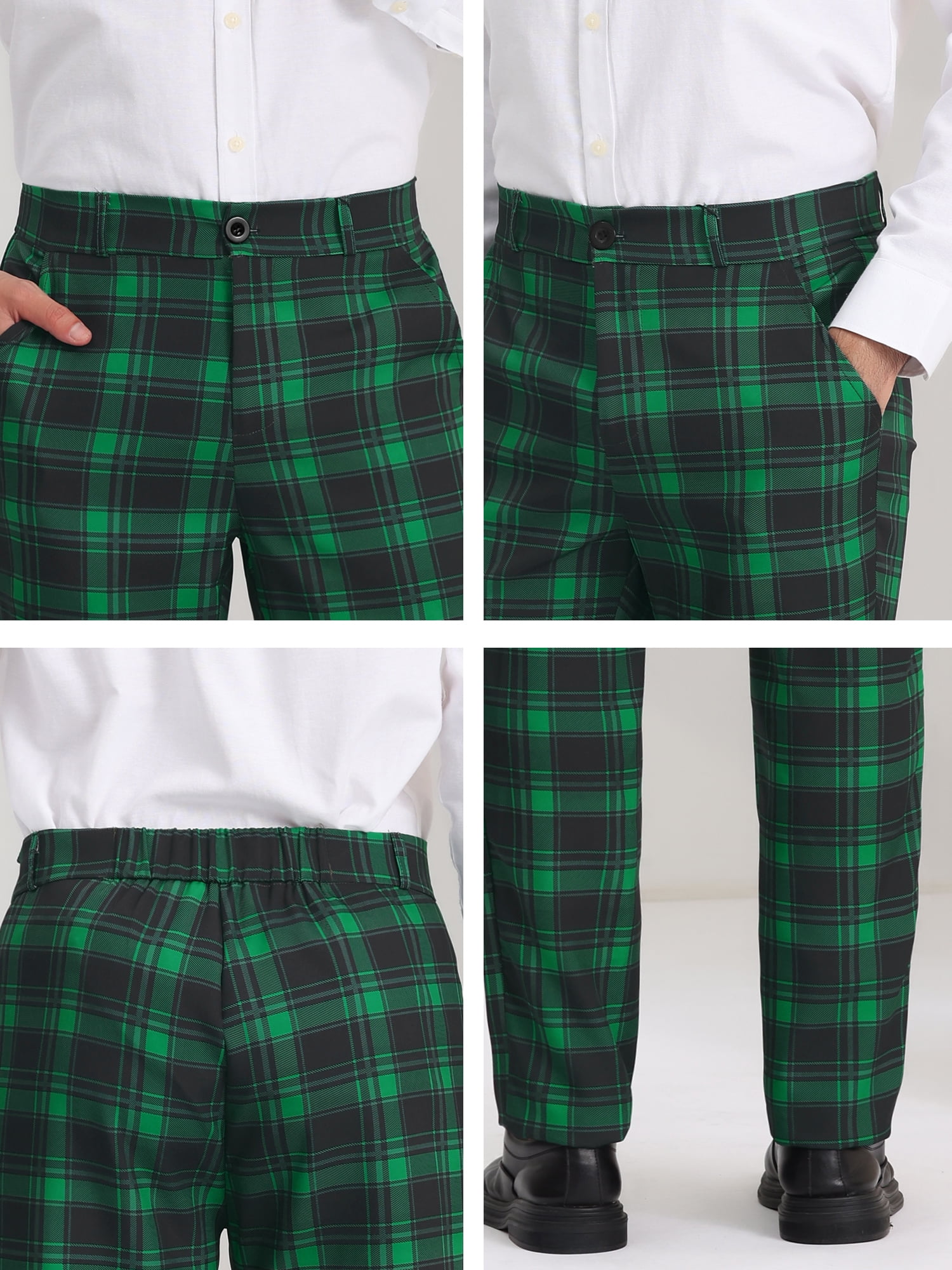Unique Bargains Men's Checked Suit Pants Flat Front Elastic Waist Plaid Pants 32 Green