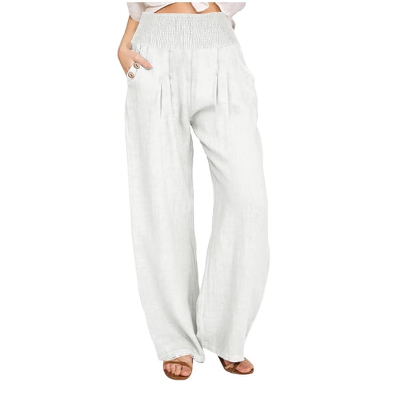 Womens Palazzo Pants Casual Linen Cotton Drawstring Flowy Pants Wide Leg Summer 2026 Beach Trousers with Pockets