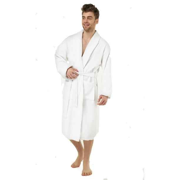 Mens Shawl Collar White Terrycloth Bathrobe, 52 inch Length, One Size