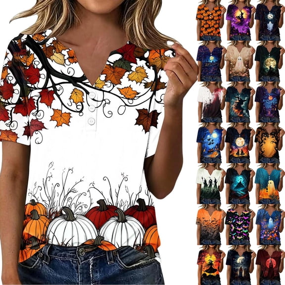 Stamzod Tops for Women Trendy Short Sleeve Halloween Shirt Dressy Casual V Neck Blouses Work Shirts