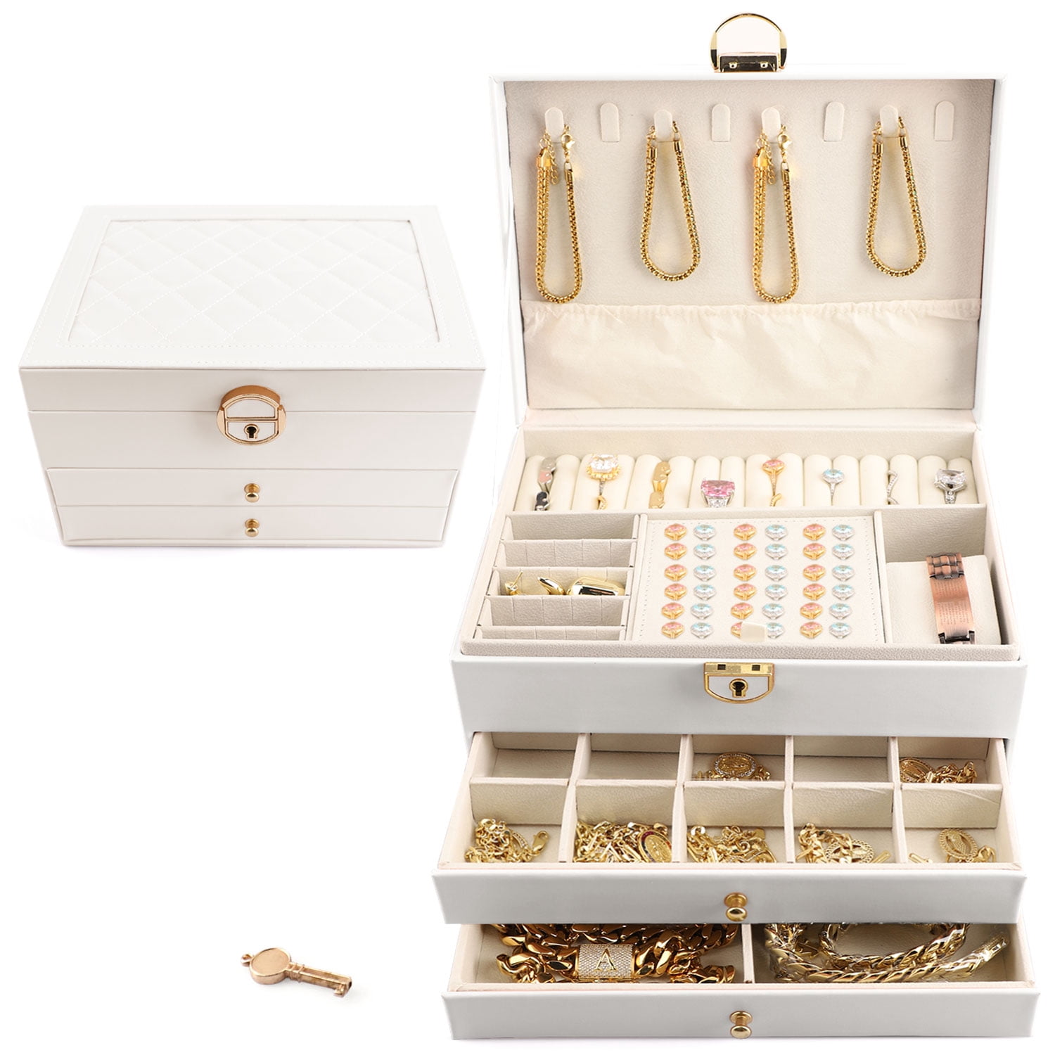 ASKITO 3 Layers Jewelry Box, Lockable Jewelry Holder Organizer with Drawer, Large Jewelry Boxes for Women Girls, Jewelry Holder for Necklace Earring Ring Bracelet Watch, White