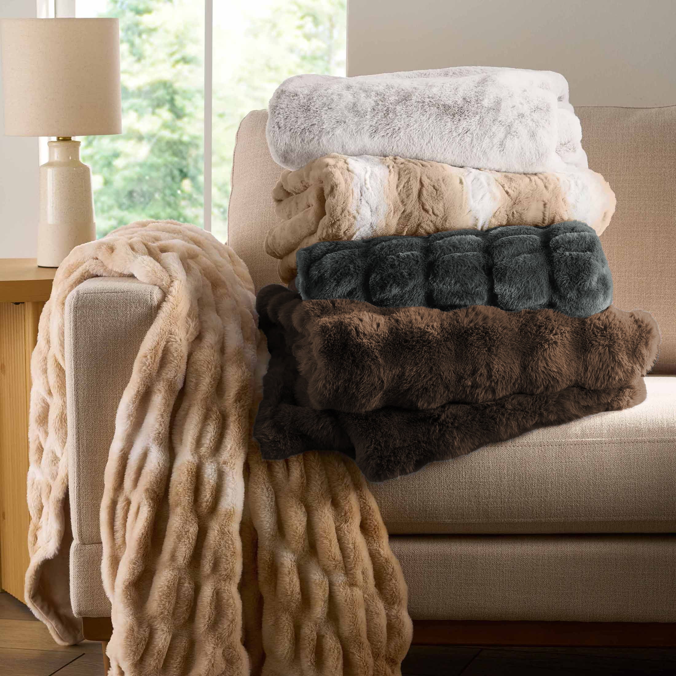 Better Homes & Gardens Gray Ruched Faux Fur Throw, 50" x 72", Adult/Teen